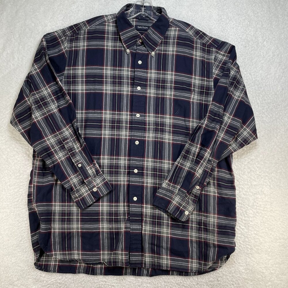 Nautica Mens Black Gray Red Plaid Flannel Shirt XLarge Long Sleeve Cotton Shirt